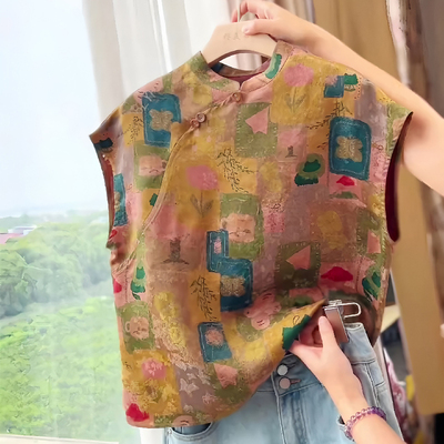 新中式国风棕色印花立领复古上衣女2025夏季新气质轻奢小众短袖潮