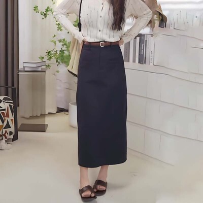 设计感时尚百搭A字半身裙女2024秋季新款小众高腰开叉修身长裙子