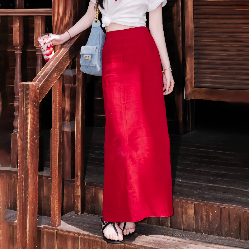 韩系红色长款侧开叉半身裙女2025夏季新款高腰显瘦大码时尚直筒裙