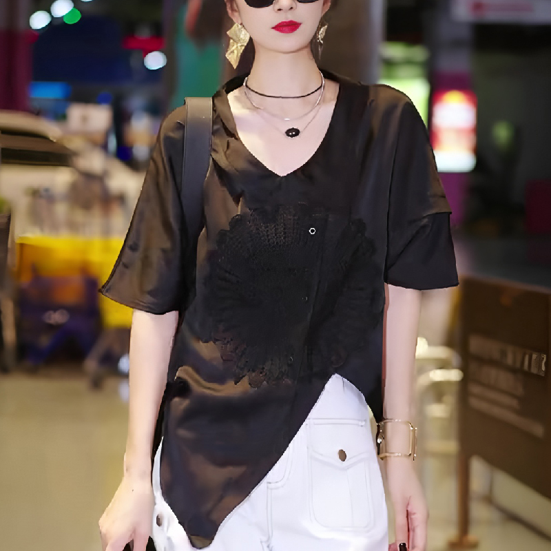 小众设计感高级洋气黑色上衣女2025夏季新款优雅精致百搭时尚短袖