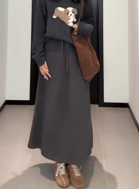 灰色百搭气质抽绳设计半身裙女秋冬新款垂坠宽松高腰显瘦A字伞裙