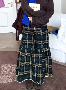 高级感洋气撞色格纹半身裙女2024秋冬复古百搭中长款松紧腰蛋糕裙