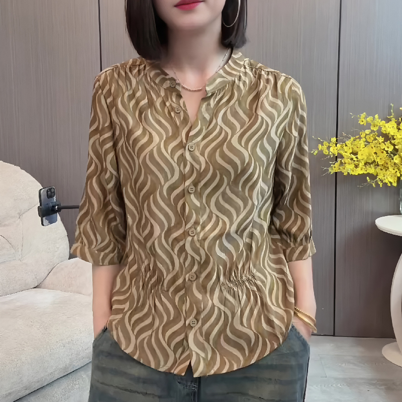 老钱风棕色斑马纹印花气质七分袖上衣女2025早秋新款小众洋气衬衫