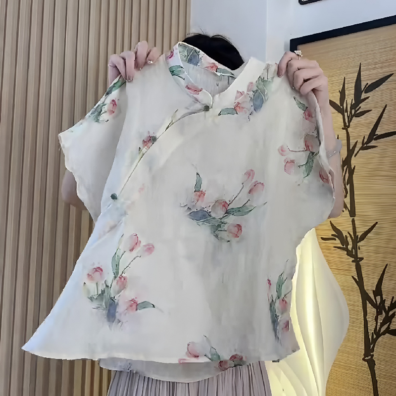 新中式国风高级感郁金香盘扣上衣女2025夏季新款温婉端庄大方短袖