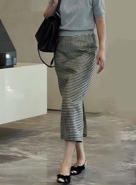 韩版黑白格子过膝高腰直筒包臀裙2024春夏新款开叉中长款半身裙子