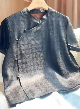 新中式国风轻奢复古黑色提花短袖女2025夏季新款斜襟盘扣立领上衣