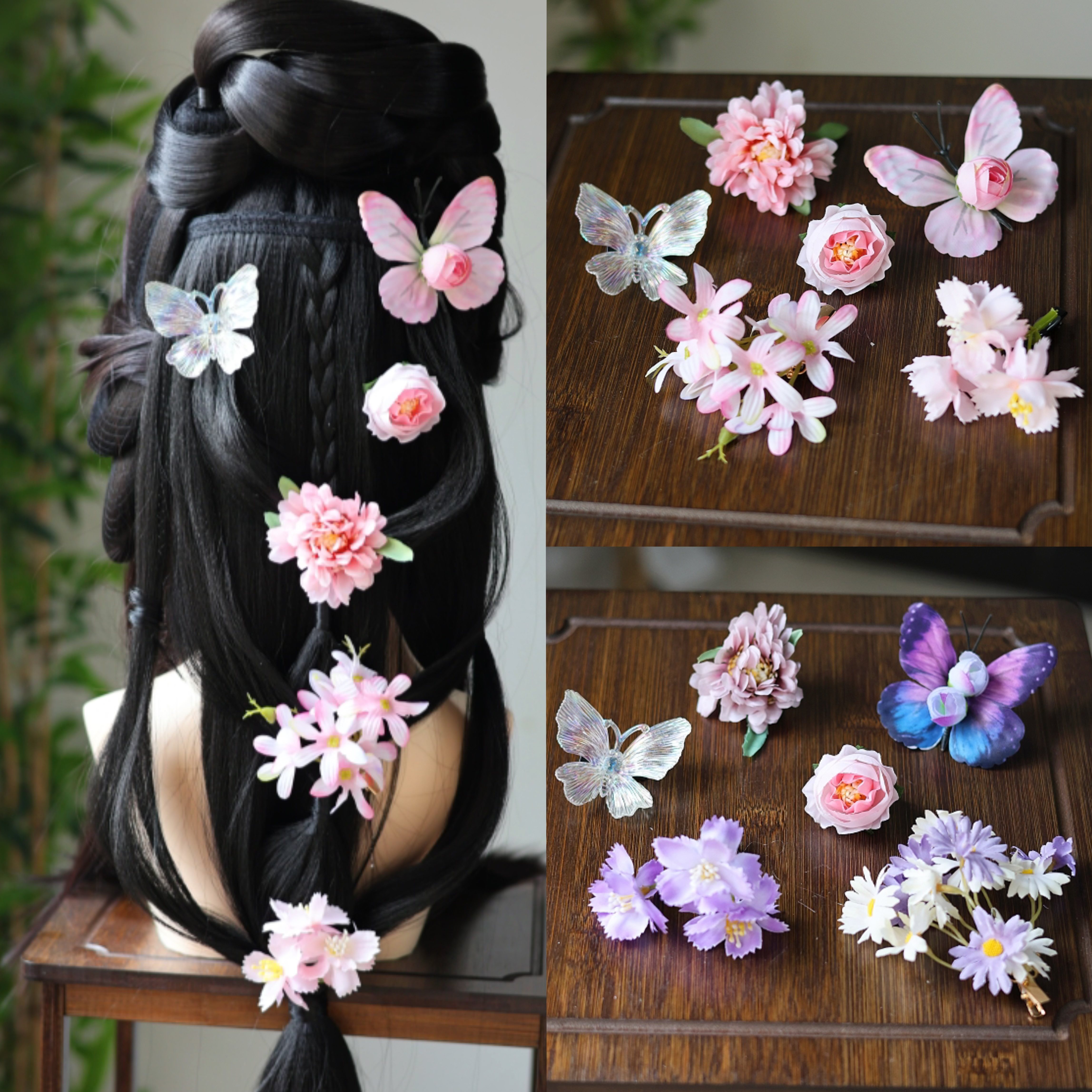 醉流年春樱髻绢花发饰春日粉花朵蝴蝶边夹女古风后压仙子汉服头饰