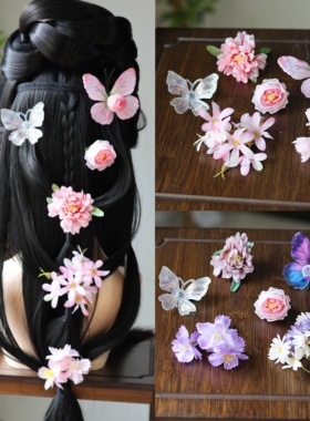 六个春樱髻绢花发饰花朵蝴蝶边夹