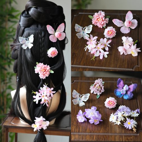 六个春樱髻绢花发饰花朵蝴蝶边夹