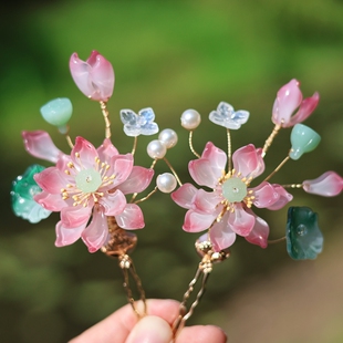 六月荷花琉璃发饰小唐风荷花花神发钗古风流苏头饰森系后脑勺簪花