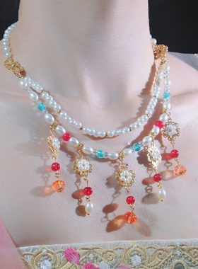 大唐公主红蓝配色双层珍珠花朵软璎珞古风女坦领项链日常旗袍配饰