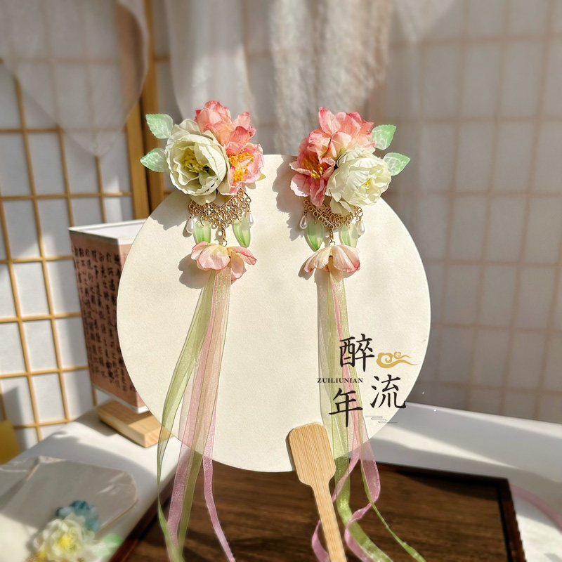 春天的颜色【桃红柳绿】发夹一对仿真绢花发饰超仙长飘带汉服后压