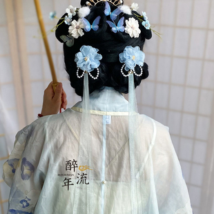 甜美薄纱花朵发夹边夹一对装汉服发饰超仙雪纱长飘带流苏古风头饰