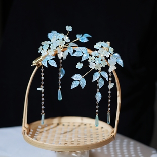 醉流年原创【碧落】蓝彩渐变绣球花边夹古风长花枝唐宋明汉服头饰