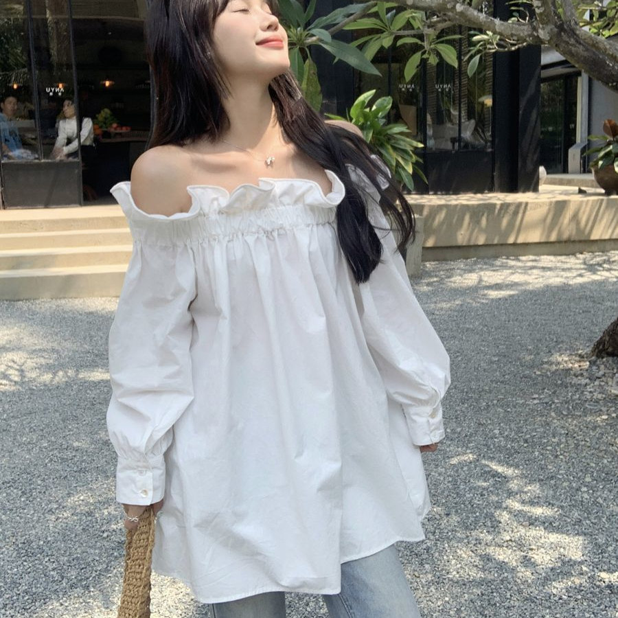 春秋新款韩版纯欲风宽松遮肚子百搭甜美减龄一字肩长袖衬衫上衣潮