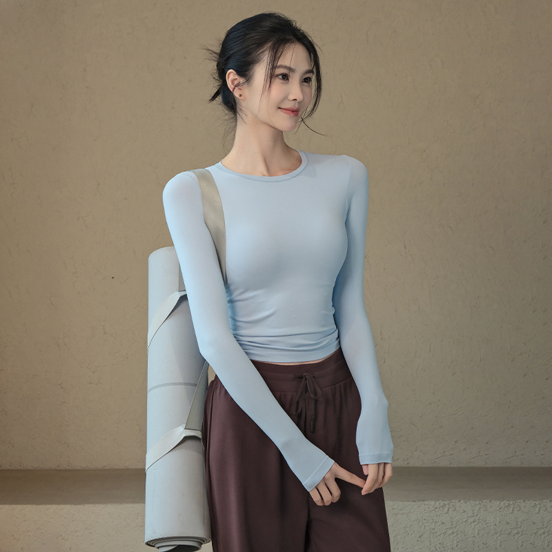 瑜伽服女秋冬新款运动上衣罗纹高弹长袖普拉提训练健身服T恤