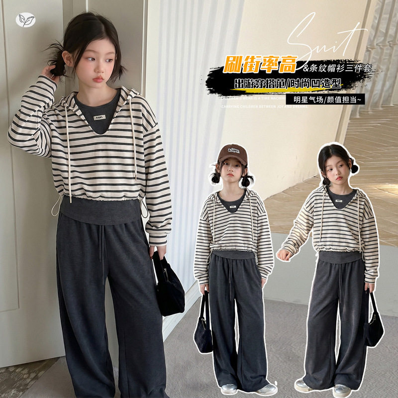 开学季女童条纹帽衫套装秋季卫衣阔腿裤一大一小儿童姐妹闺蜜装女
