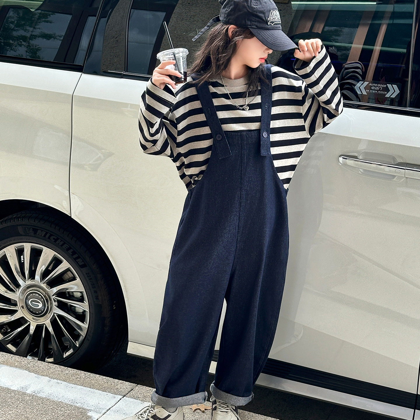 11岁12女大童背带裤套装 韩版条纹T恤两件套一大一小儿童姐妹装女