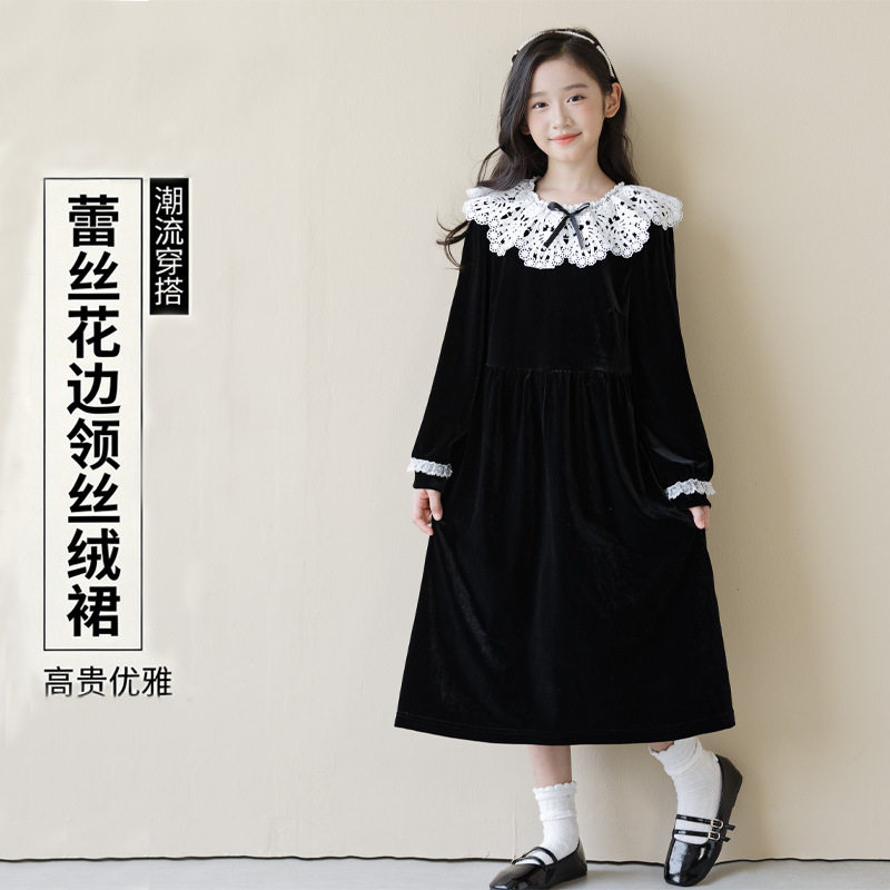 设计感女童娃娃领长袖连衣裙12岁女大童裙子一大一小儿童姐妹装秋