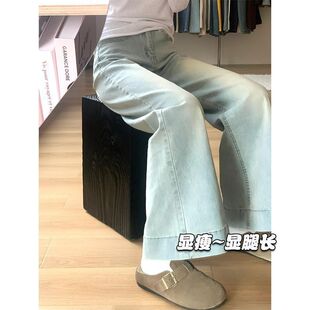 春夏小个子美式复古风浅蓝宽松微喇阔牛仔女高腰修身显瘦直筒裤子