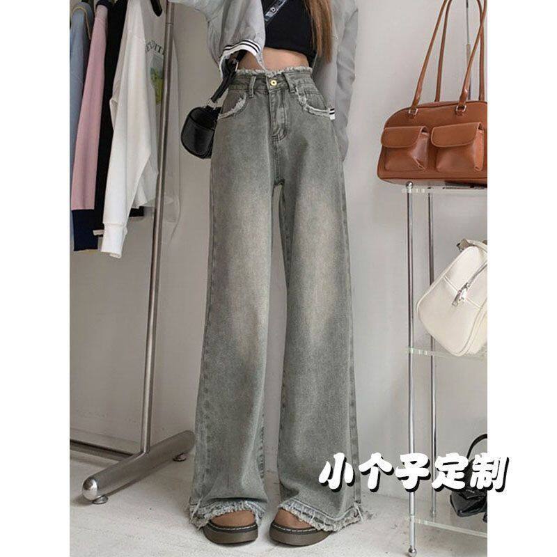 145小个子设计复古休闲港风牛仔裤女宽松直筒带毛边阔腿裤子