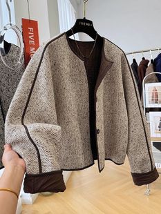 高级感独特别致超好看短款外套女秋冬韩系夹棉粗花呢子夹克上衣