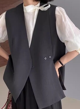 复古V领灰色西装马甲女春秋2025新款开叉无袖背心设计感中长款外