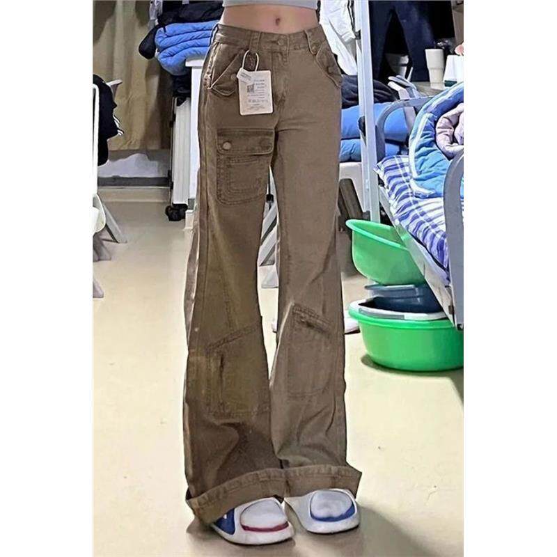 小个子145卡其色微喇工装牛仔裤女高腰显口袋设计显瘦拖地喇叭裤