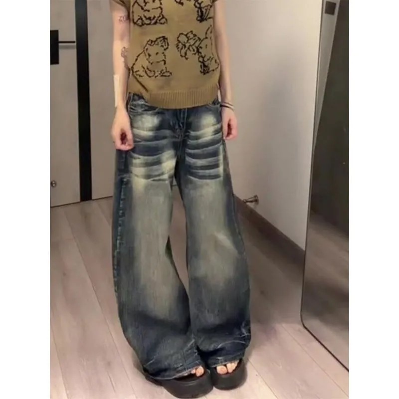 小个子美式复古高腰阔腿牛仔裤