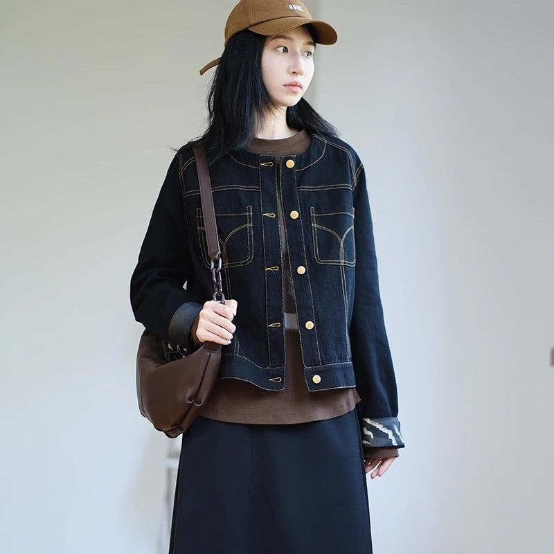 仿牛仔明线圆领宽松短夹克女