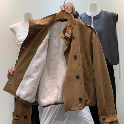 加绒加厚双排扣鹿皮绒夹克外套