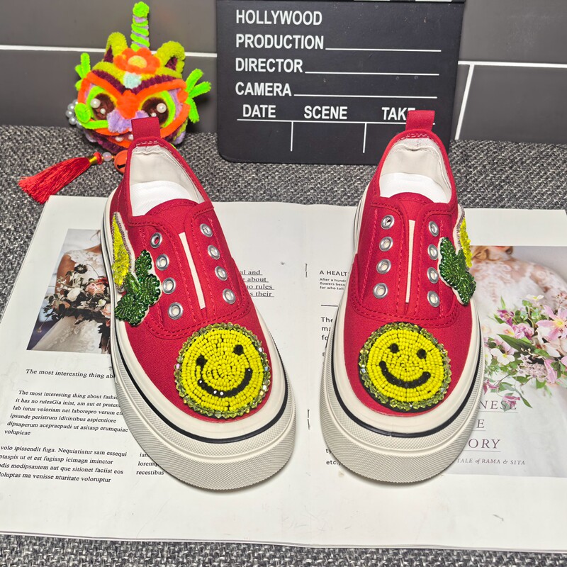潮牌重工卡通印花厚底帆布鞋女一脚蹬百搭休闲鞋舒适运动休闲鞋