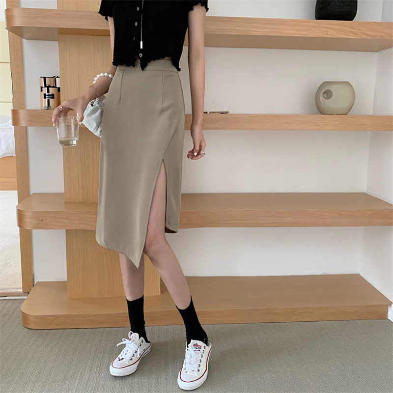 Real price Korean high waist design irregular split skirt retro slim A-line skirt