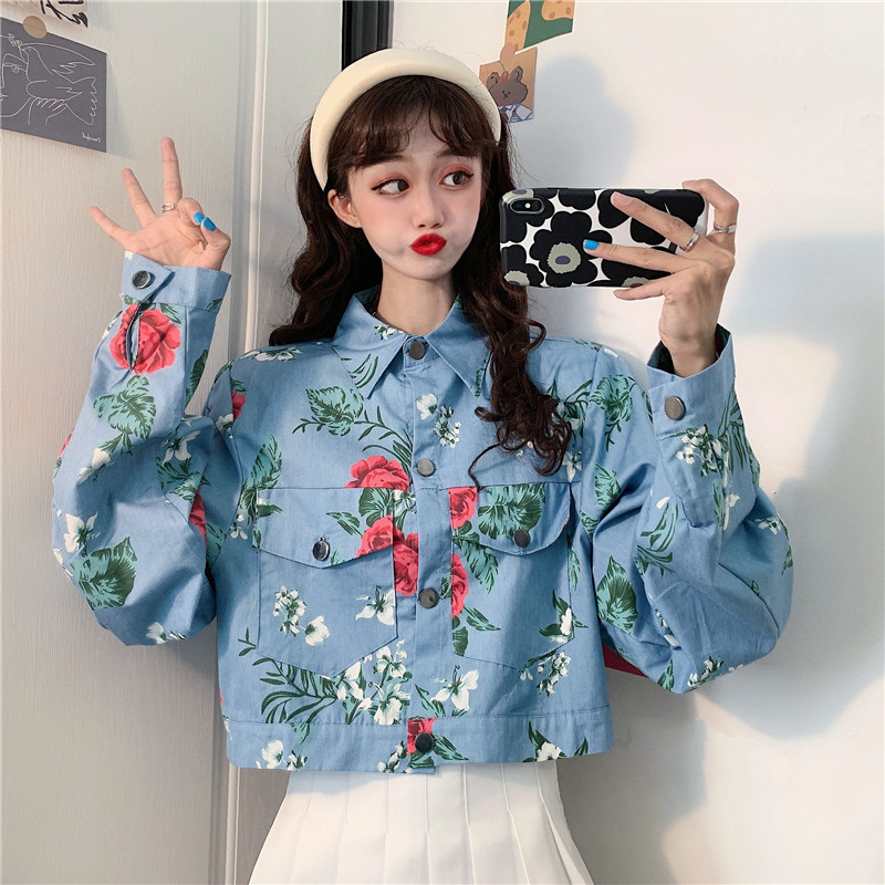 實拍實價早秋韓版寬鬆復古玫瑰印花短款露臍襯衫薄牛仔外套