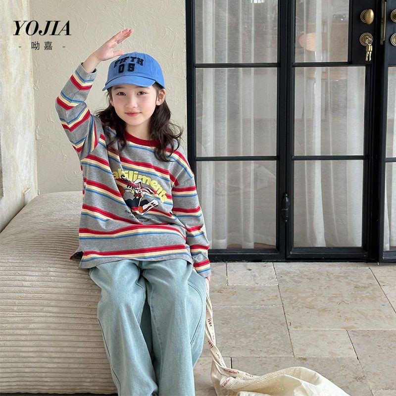 YOJIA女童长袖春装2025新款韩范小女孩条纹T恤圆领儿童装上衣春季