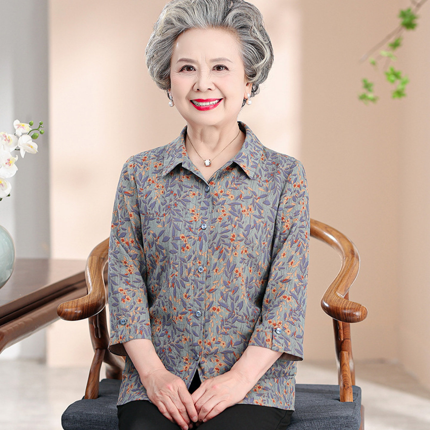 【桑蚕丝100%】奶奶夏装衬衫女中老年人妈妈上衣裤子两件套装真丝