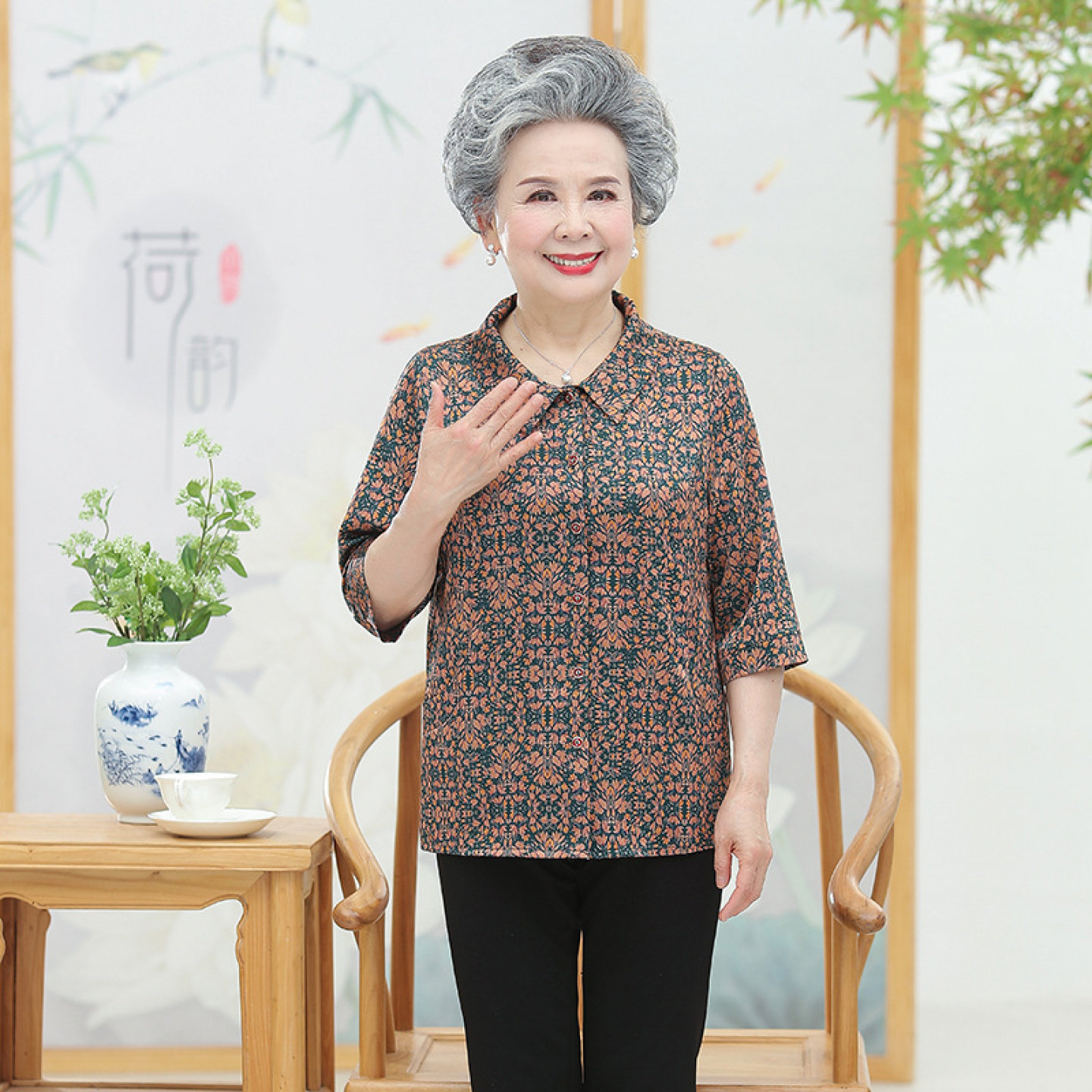 透气桑蚕丝中老年女装真丝衬衣冰凉上衣奶奶夏装老人衬衫冰丝小衫