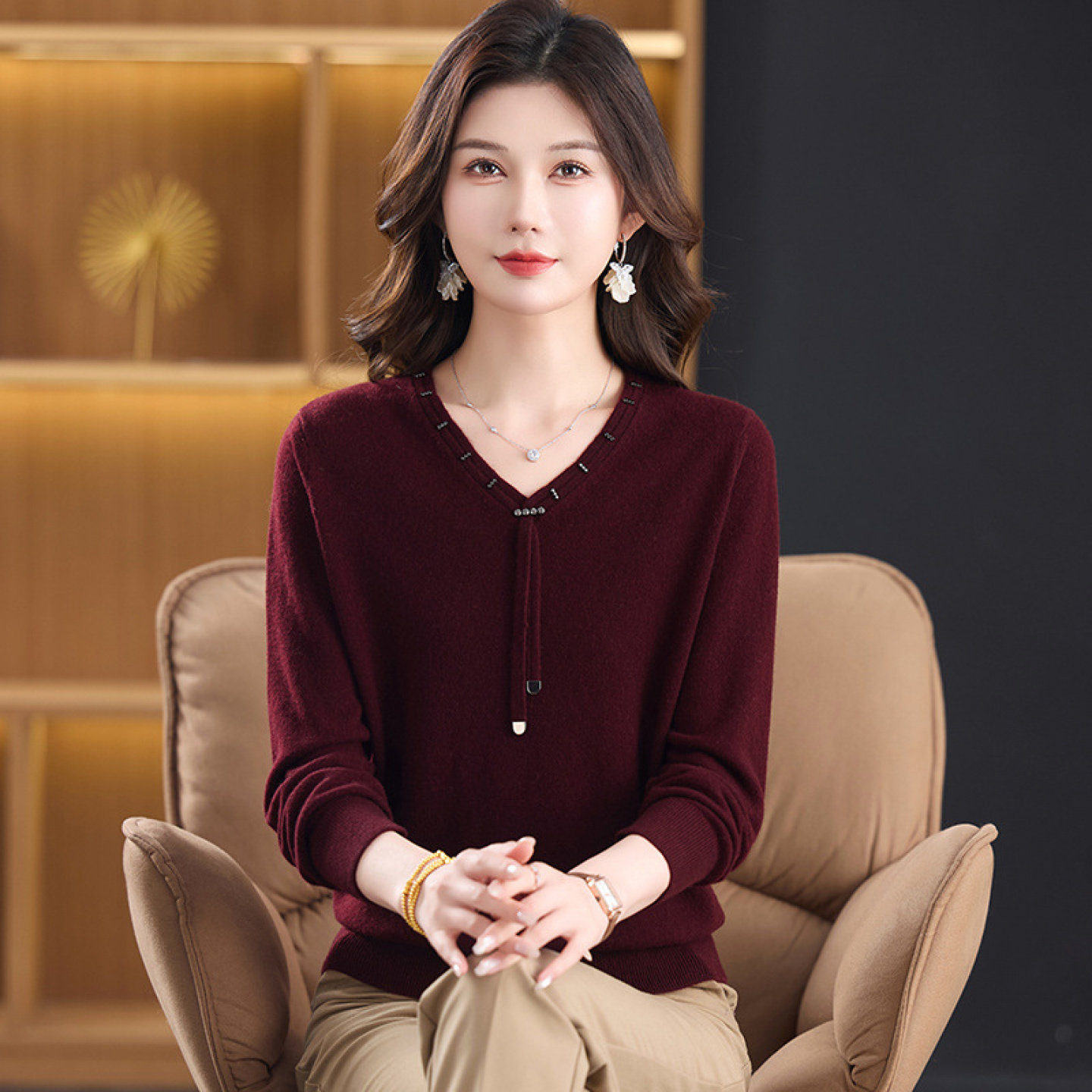 【100%纯山羊绒】针织羊绒衫打底衫上衣女厚款中老年妈妈毛衣秋冬