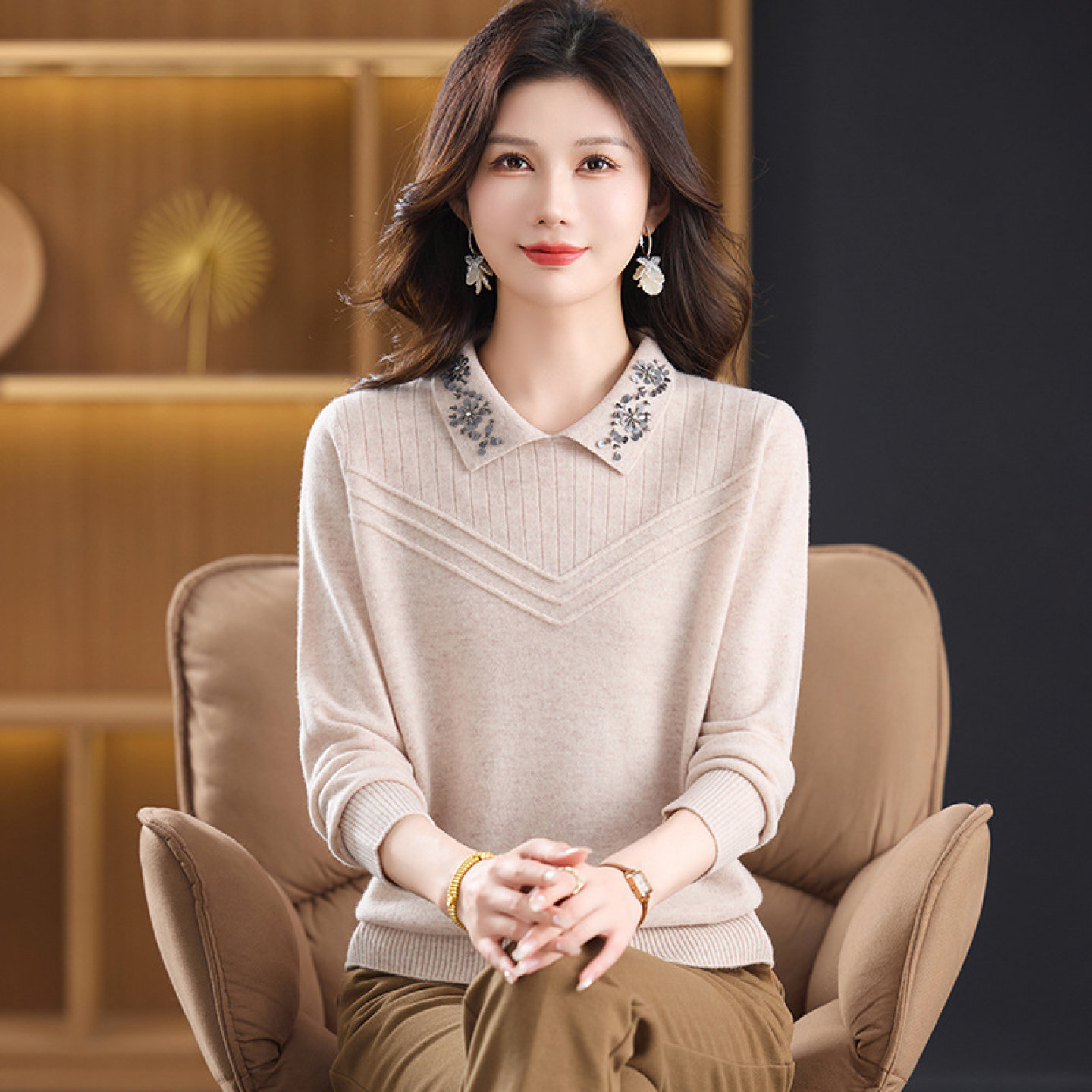 【100%纯山羊绒】秋冬妈妈毛衣针织羊绒衫打底衫中老年上衣女厚款