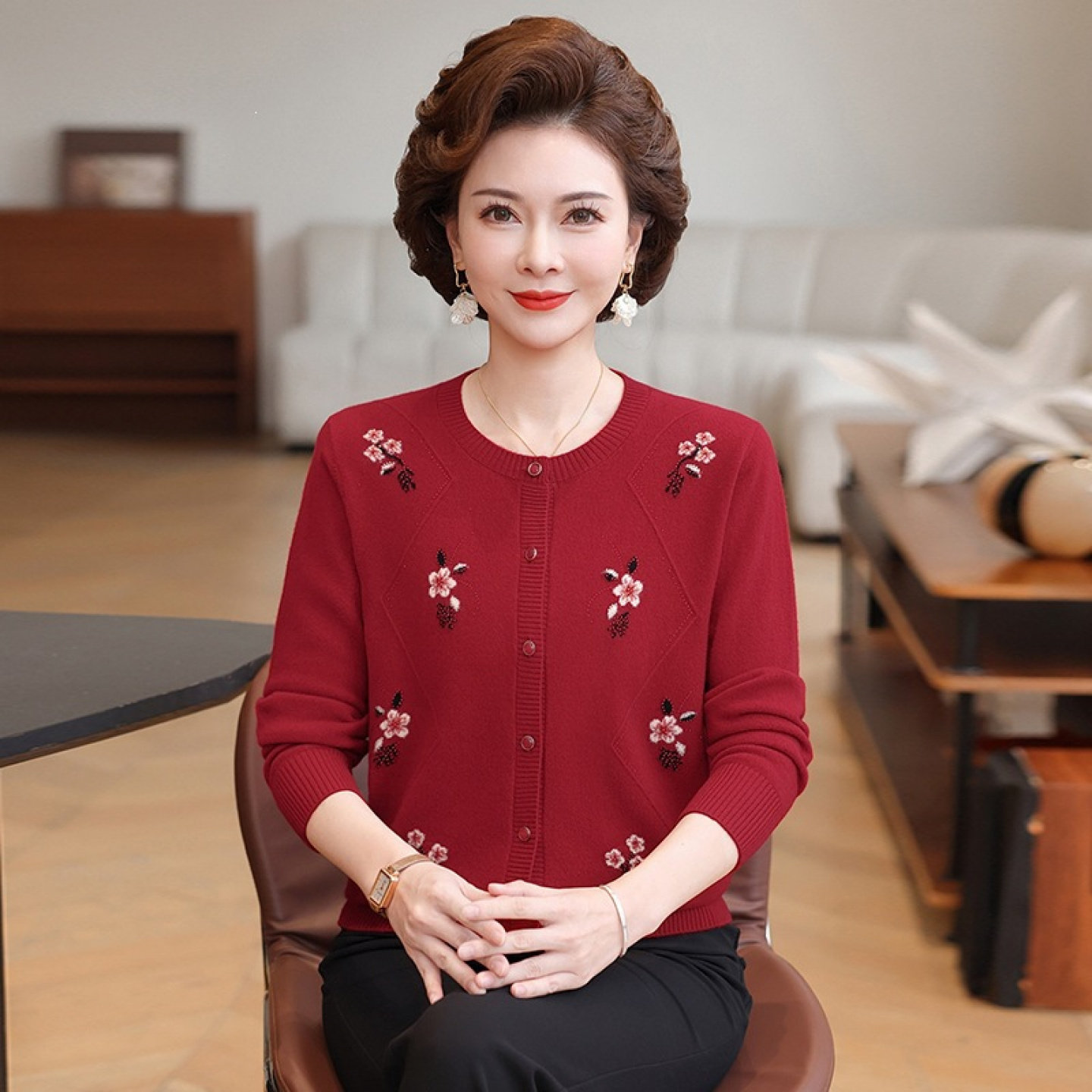 【100%纯山羊绒】开衫针织羊绒衫外套上衣秋冬女厚中老年妈妈毛衣