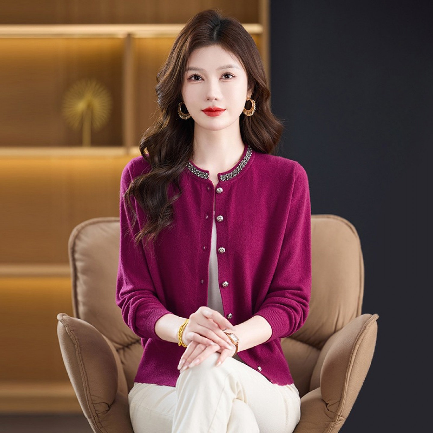 【100%纯山羊绒】上衣针织羊绒衫外套开衫中老年妈妈毛衣女厚秋冬