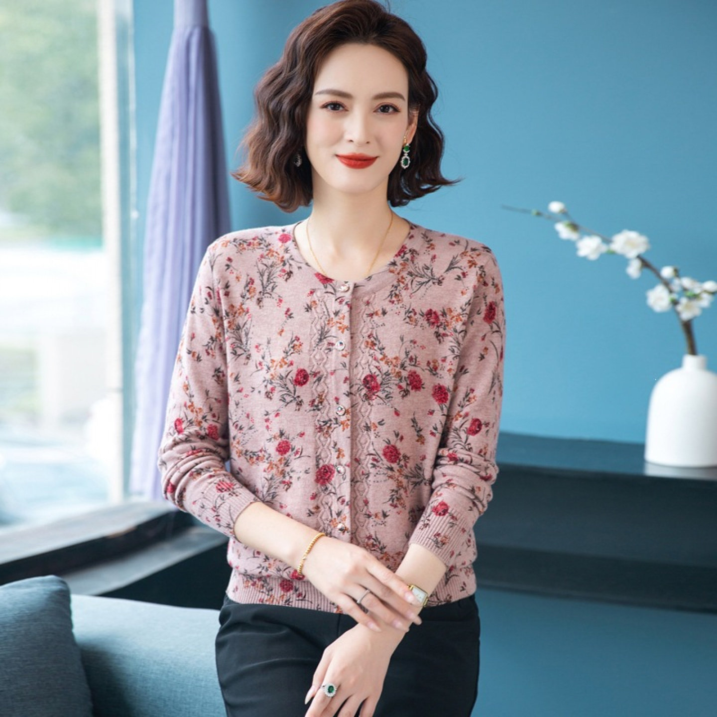 【100%纯山羊绒】针织羊绒衫外套开衫上衣女厚中老年妈妈毛衣秋冬