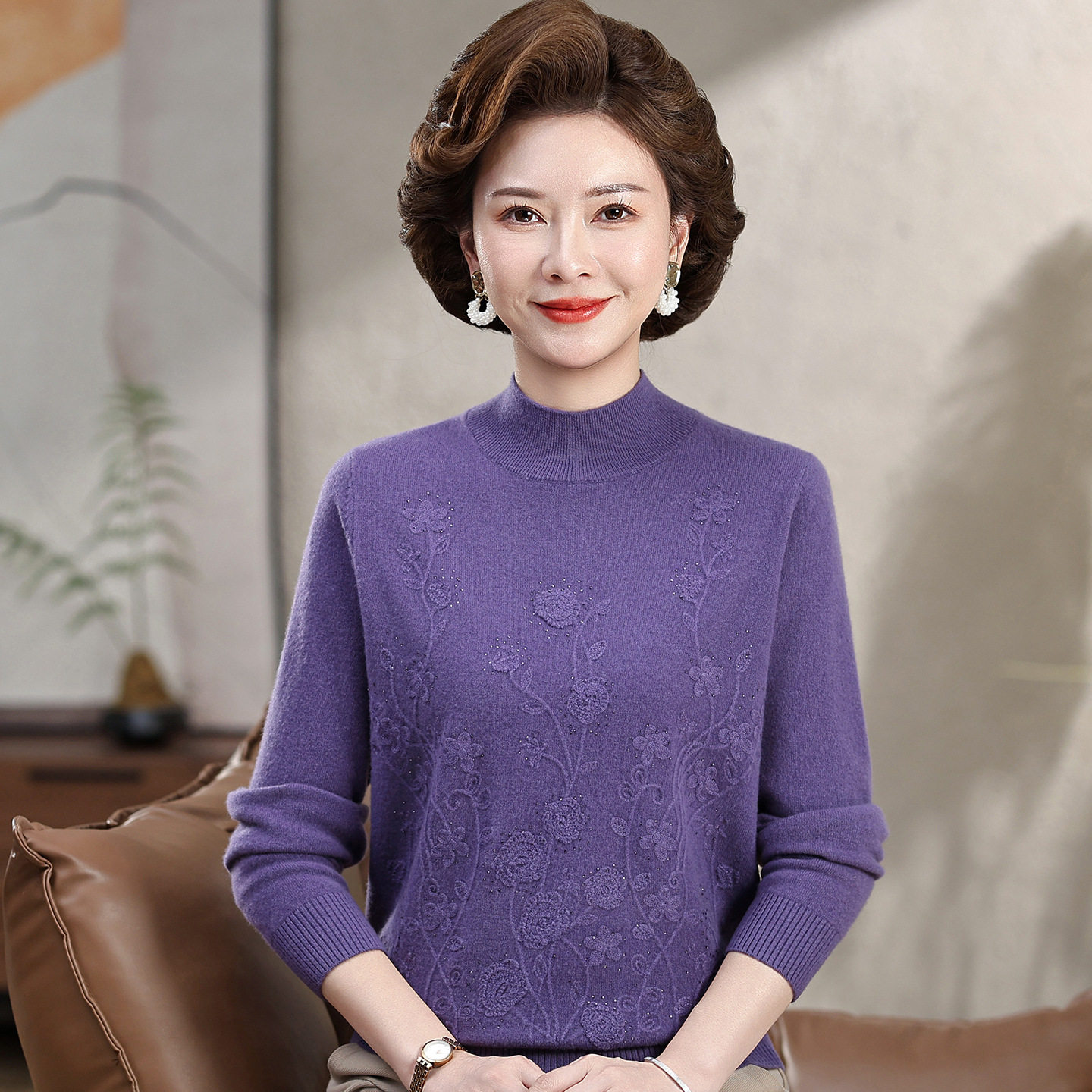 【100%纯山羊绒】针织羊绒衫女厚款上衣打底衫中老年妈妈毛衣秋冬