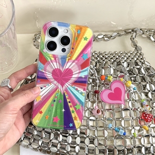 一家不会撞壳的店彩虹甜美七彩爱心手机壳适用苹果13pro少女防摔14手机壳iPhone15炫彩16保护套13Promax挂链