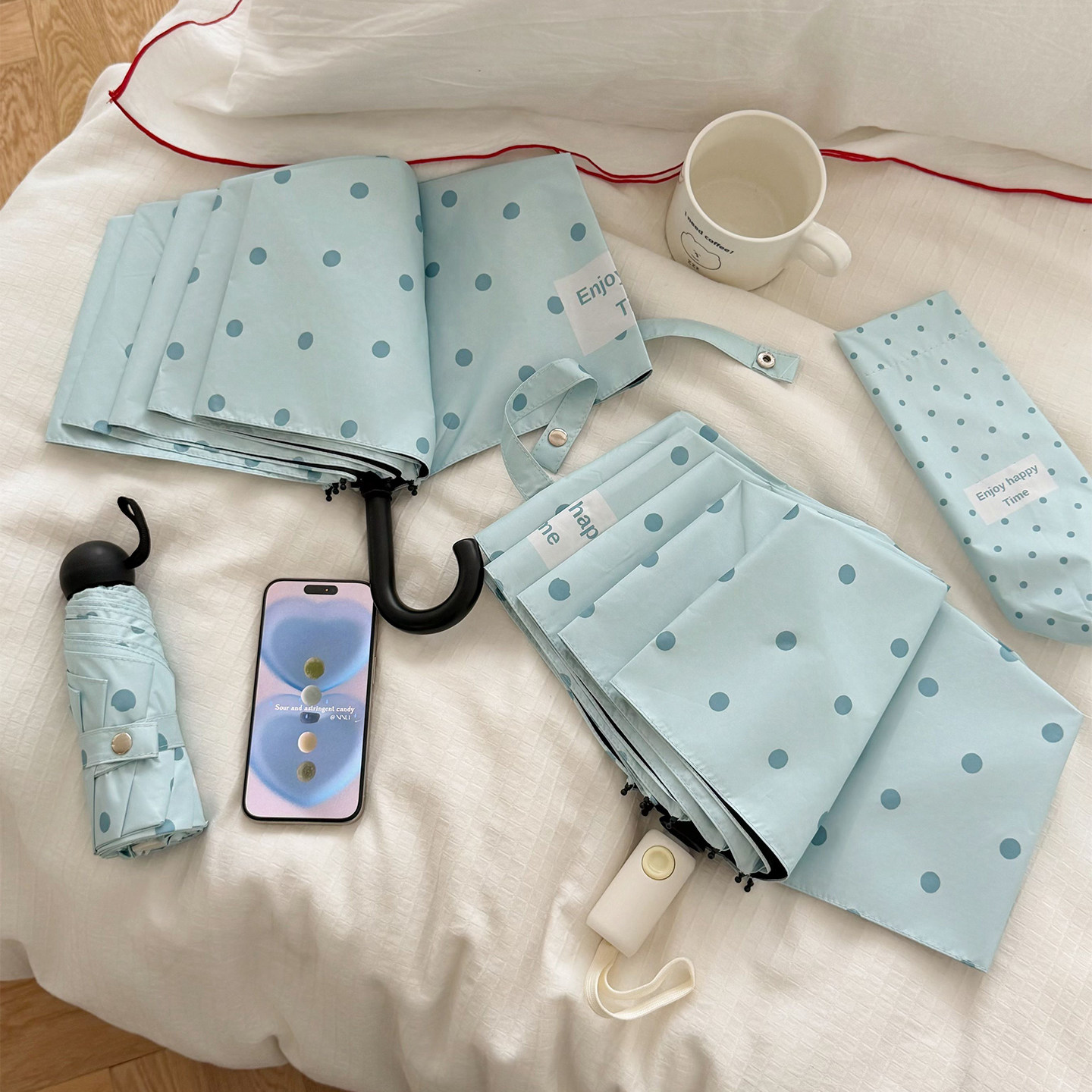 小清新波点防晒雨伞女晴雨两用黑胶太阳伞防紫外线遮阳折叠伞便携
