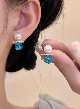 MEILAIFUREN高端定制蓝色仿水晶方糖珍珠耳环轻奢小众高级感气质