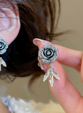 MEILAIFUREN高端定制银黑色花朵水钻耳钉复古独特漂亮气质耳环女