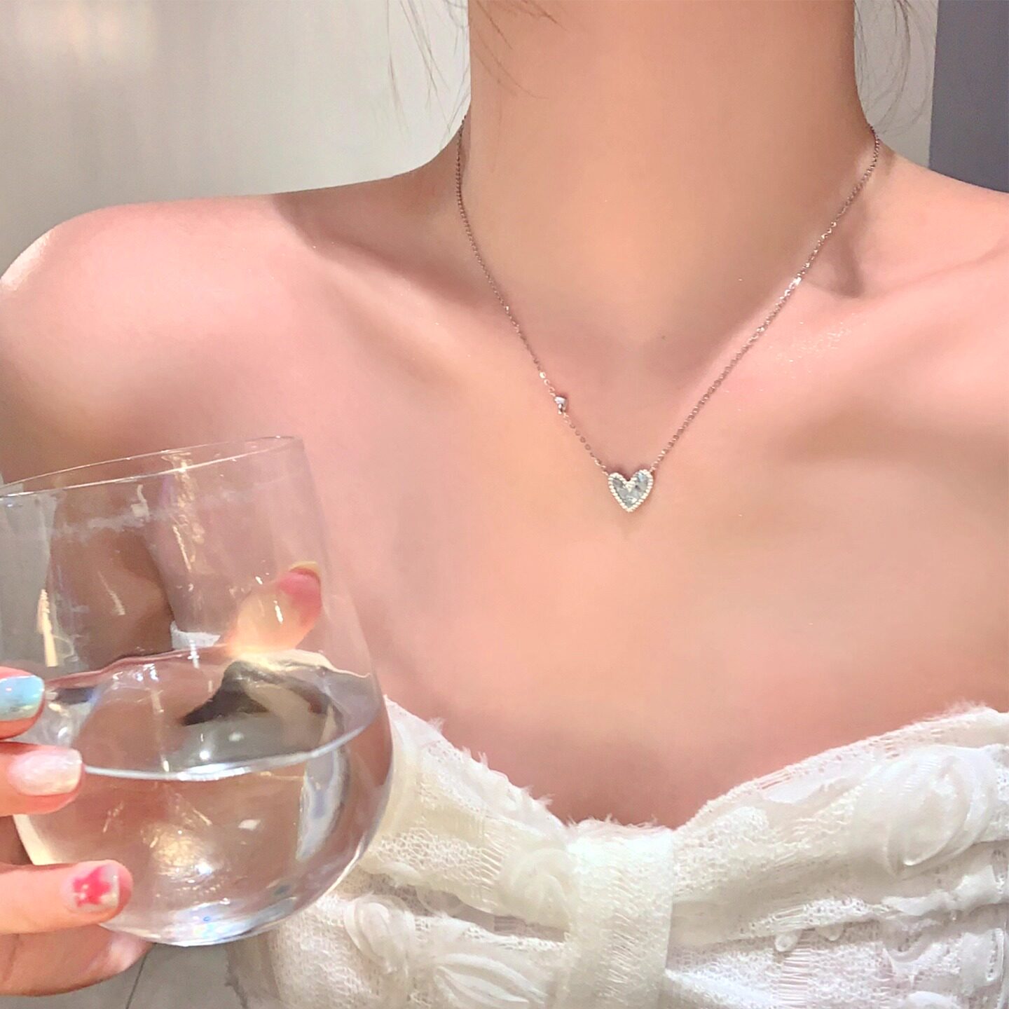 韩系甜美超闪爱心锆石项链女