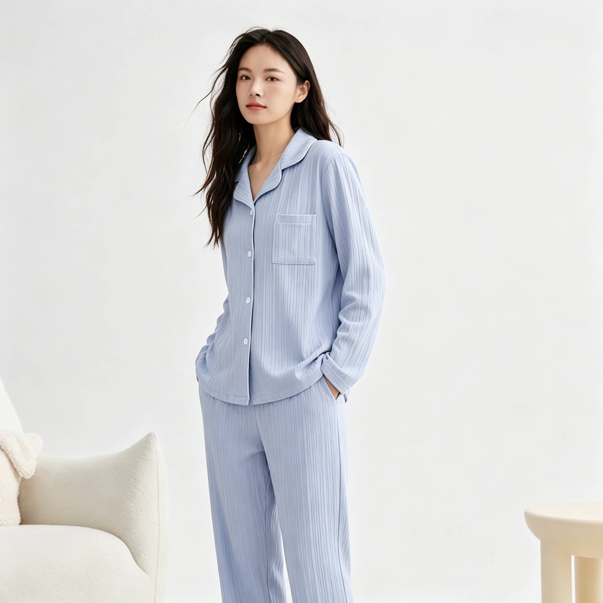日系女纯棉长袖家居服套装海盐蓝