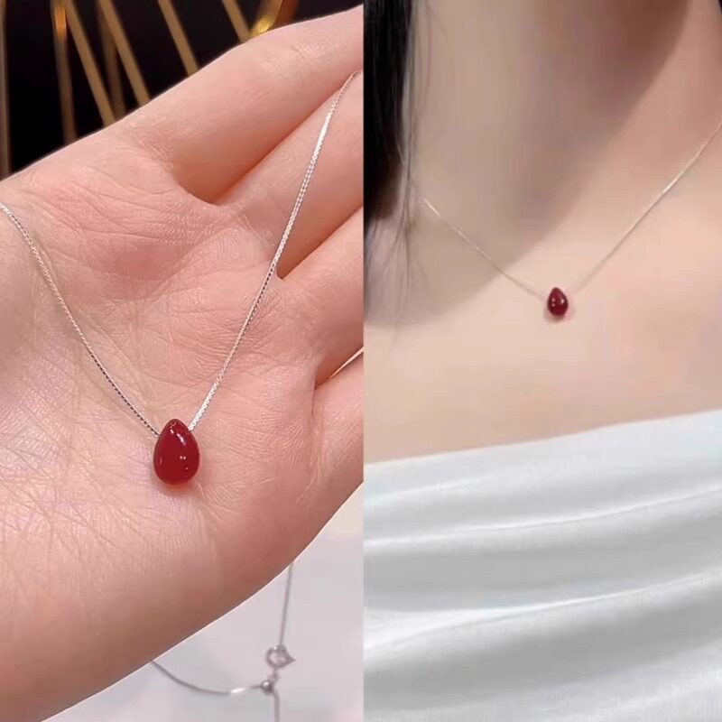 高级感红色水滴吊坠项链女